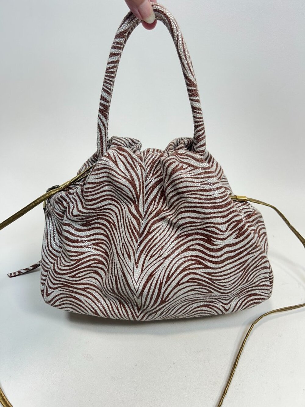 HOBO INTERNATIONAL Darling Sm Satchel in Brown & Cream Zebra Print Leather $218